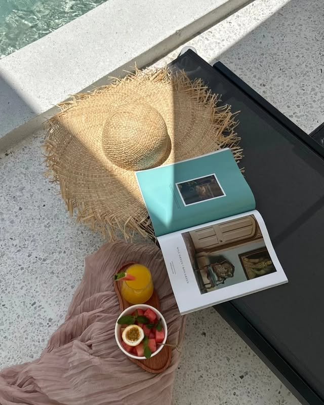 Poolside breakfast with fresh fruit and juice